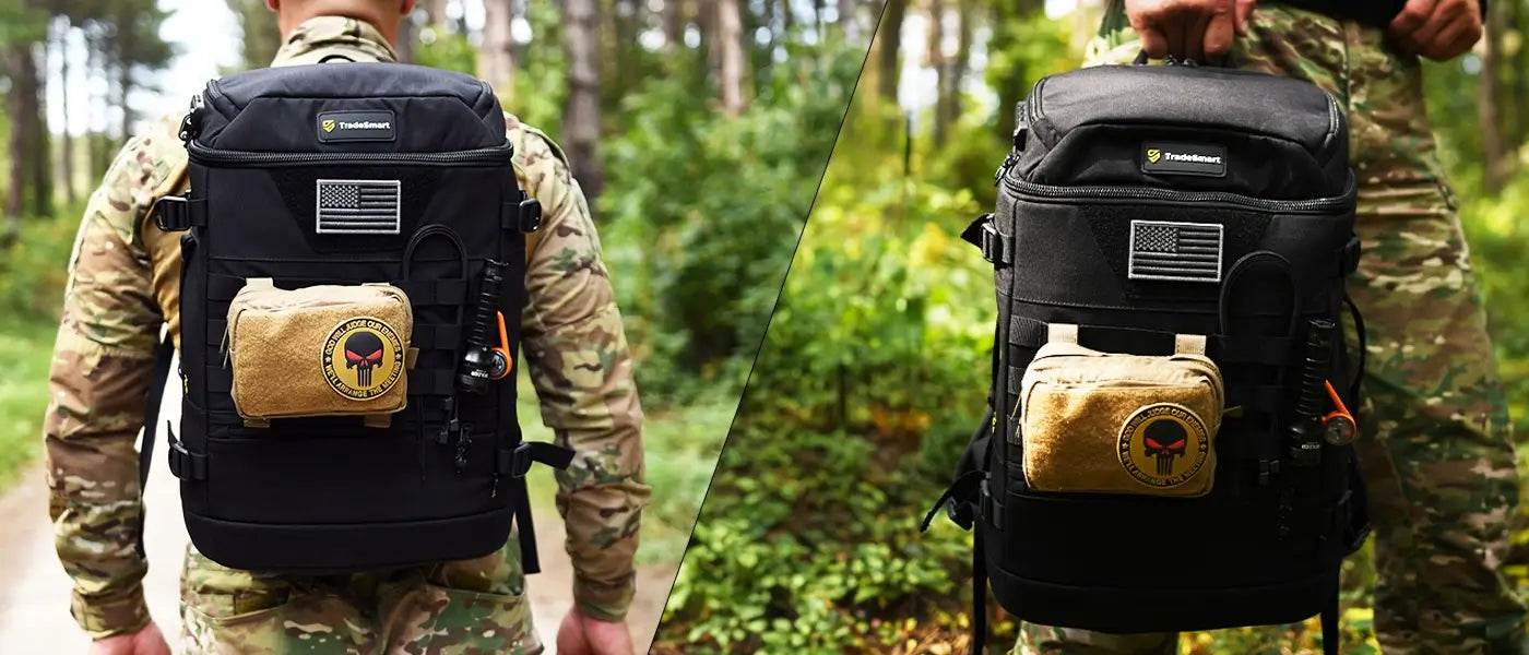 TradeSmart Safety tactical backpack with attached pouch and gear, shown being worn and carried by a person in camouflage uniform in the forest.